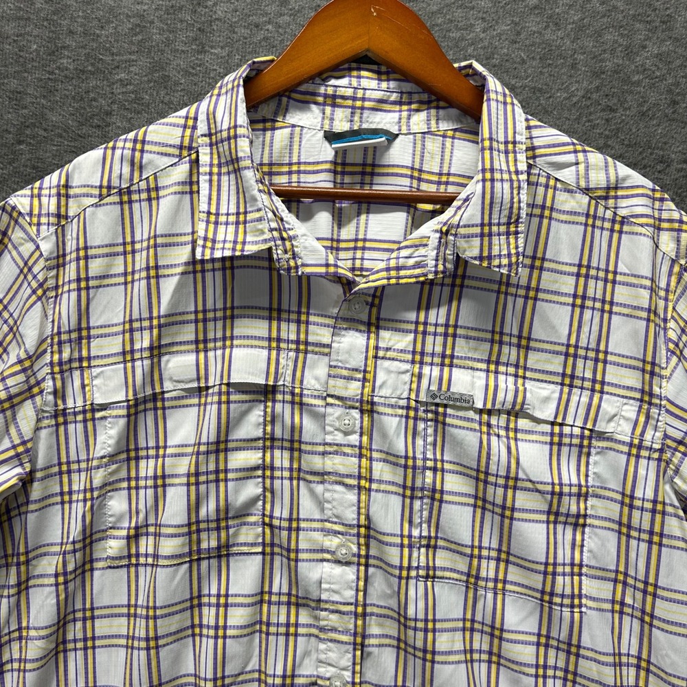 Columbia Mens Omni-Shade Plaid Short Sleeve Button Down Shirt Purple Yellow‎ XL